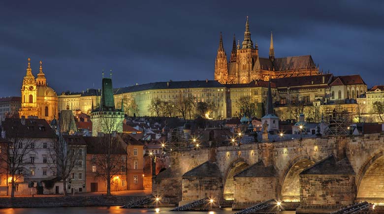 Night view of Prague Castle, Charles Bridge and Vltava river